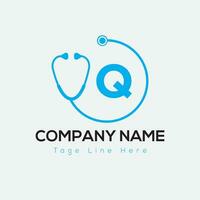 Healthcare Logo On Letter Q Template. Medical On Q Letter, Initial Doctor Sign Concept, Stethoscope logo icon vector