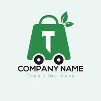 Eco Shopping Logo On Letter T Template. Eco Online cart On T Letter, Initial Shopping Sign Concept vector