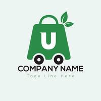 Eco Shopping Logo On Letter U Template. Eco Online cart On U Letter, Initial Shopping Sign Concept vector