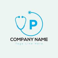 Healthcare Logo On Letter P Template. Medical On P Letter, Initial Doctor Sign Concept, Stethoscope logo icon vector