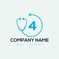 Healthcare Logo On Letter 4 Template. Medical On 4 Letter, Initial Doctor Sign Concept, Stethoscope logo icon vector