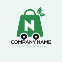 Eco Shopping Logo On Letter N Template. Eco Online cart On N Letter, Initial Shopping Sign Concept vector