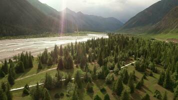 River and mountains at sunset. video