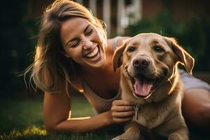 happy caucasian woman holding her puppy in the backyard of the hous, AI Generated photo