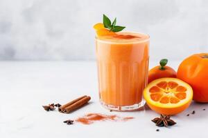 Persimmon, orange and ginger drink with yogurt, photo