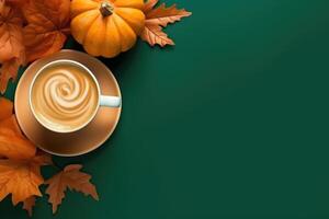Cup of fresh hot coffee with autumn leaves, top view flat lay, photo
