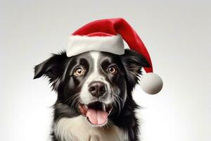 cute Border Collie wearing santa hat on white background, AI Generated photo