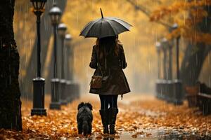 joven mujer caminando su perro en el parque en otoño día, ai generado foto