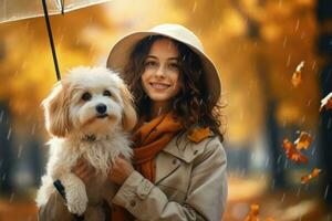 portrait of young woman walking her dog in the park in autumn day, AI Generated photo