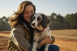 young adult woman holding her dog , outdoor autumn park, AI Generated photo