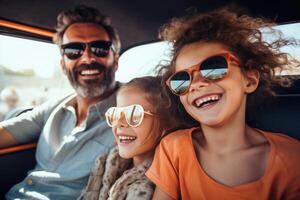 Happy family of father and children enjoying road trip together, AI Generative photo