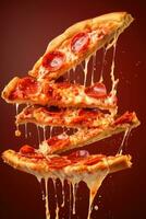 Levitation slices of pizza on black background, AI Generated photo