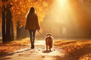 joven mujer caminando su perro en el parque en otoño día, ai generado foto