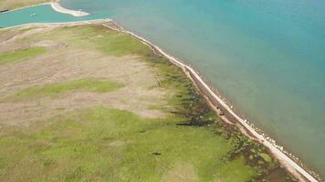 grasland en blauw meer in een zonnig dag. video