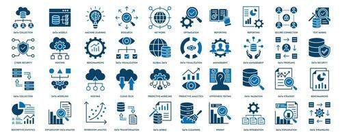 Data analytics icon set. Big data analysis technology symbol. Containing database, statistics, analytics, server, monitoring, computing and network icons vector