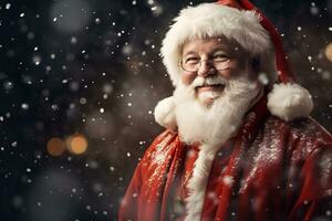 Smiling santa claus in his iconic red suit and beard photo