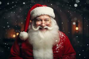 Smiling santa claus in his iconic red suit and beard photo