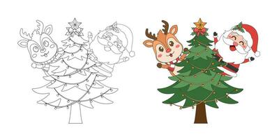 Santa Claus, Reindeer and Christmas tree, Christmas theme line art doodle cartoon illustration, Merry Christmas. vector