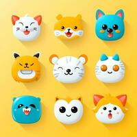 Set of animal faces, face emojis, stickers, emoticons,cartoon funny mascot characters face set, Generative AI illustration photo