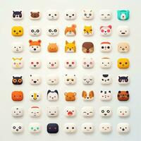 conjunto de animal caras, cara emojis, pegatinas, emoticones, dibujos animados gracioso mascota caracteres cara colocar, generativo ai ilustración foto