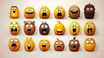 conjunto de animal caras, cara emojis, pegatinas, emoticones, dibujos animados gracioso mascota caracteres cara colocar, generativo ai ilustración foto
