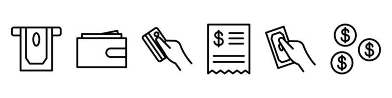 Vector icon set of payment methods. Editable stroke. Collection of line business icons related to payment. Finance and money concept. Cash, bank check or credit cards. Coins or paper money.