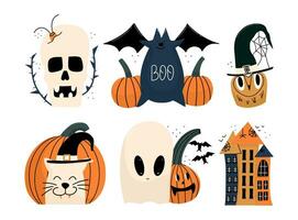 Halloween character set. Creepy skull with a cockroach, a pumpkin, an owl in a cap, a cat, houses in the web, a ghost and a bat. Vector illustration in hand drawn style.