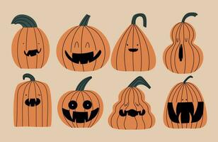 Set of funny traditional Halloween pumpkins. Vector illustration in hand drawn style