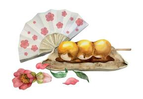 Watercolor hand drawn traditional Japanese sweets. Ceramic dish, mitarashi dango, camellia flower. Isolated on white background. Design for invitations, restaurant menu, greeting cards, print, textile vector