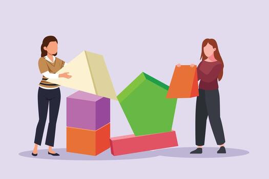 Concept of co working, business partnership, analytics or teamwork. Colleagues work together with geometrical shapes. Colored flat vector illustration isolated.