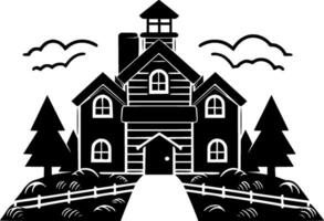 Farmhouse, Black and White Vector illustration