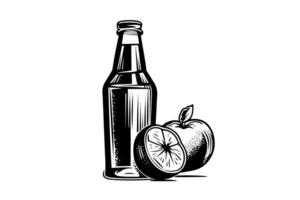 Soda bottle with apple. Ink sketch of duchesse isolated on white background. Hand drawn vector illustration. photo