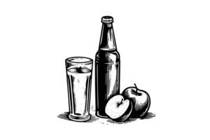 Soda bottle with glass. Ink sketch of apple cider isolated on white background. Hand drawn vector illustration. photo