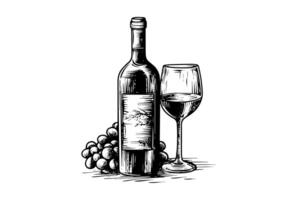 Wine bottle and glass of wine and grapes. Hand drawn engraving sketch style vector illustrations. photo