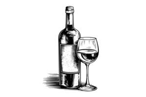Wine bottle and glass. Hand drawn engraving sketch style vector illustrations. photo