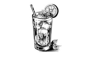 Alcoholic cocktail engraved isolated drink vector illustration. Black and white sketch composition photo