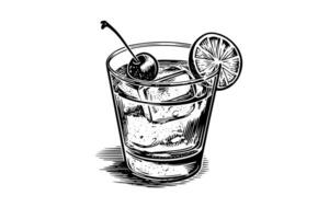Old fashion cocktail engraved isolated drink vector illustration. Black and white sketch composition photo