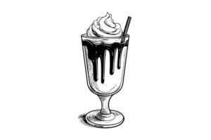 Chocolate milk shake sketch engraving vector illustration. Black and white isolated composition. photo