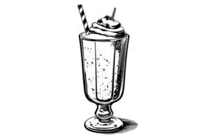 Chocolate milk shake sketch engraving vector illustration. Black and white isolated composition. photo