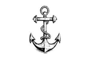 Ship anchor and rope in vintage engraving style. Sketch hand drawn vector illustration. photo