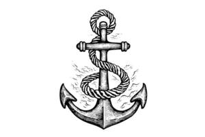 Ship sea anchor and rope in vintage engraving style. Sketch hand drawn vector illustration. photo