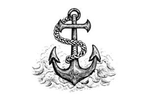 Ship sea anchor and rope in vintage engraving style. Sketch hand drawn vector illustration. photo