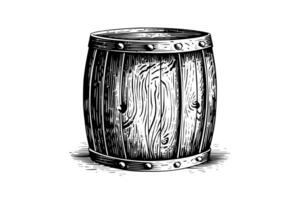 Wood barrel. Hand drawn sketch engraving style vector illustrations. photo