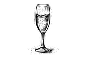 Champagne glass engraving style art, hand drawn sketch vector illustration. photo