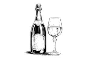 Bottle with Champagne and wine glass engraving style art, hand drawn sketch vector illustration photo