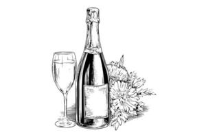 Bottle with Champagne and wine glass and flower engraving style art, hand drawn sketch vector illustration. photo