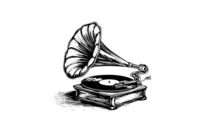 Retro phonograph gramophone vintage engraved vector illustration. Sketch hand drawn art photo