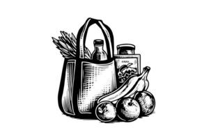 tienda de comestibles bolso lleno de comida y jugo grabado bosquejo vector dibujado a mano ilustración. foto