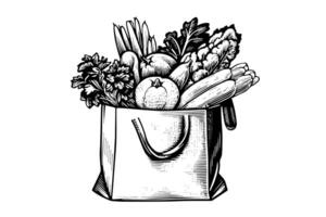 Grocery bag full of food engraving sketch vector hand-drawn illustration. photo