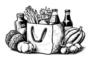 tienda de comestibles bolso lleno de frutas y bebidas grabado bosquejo vector dibujado a mano ilustración. foto